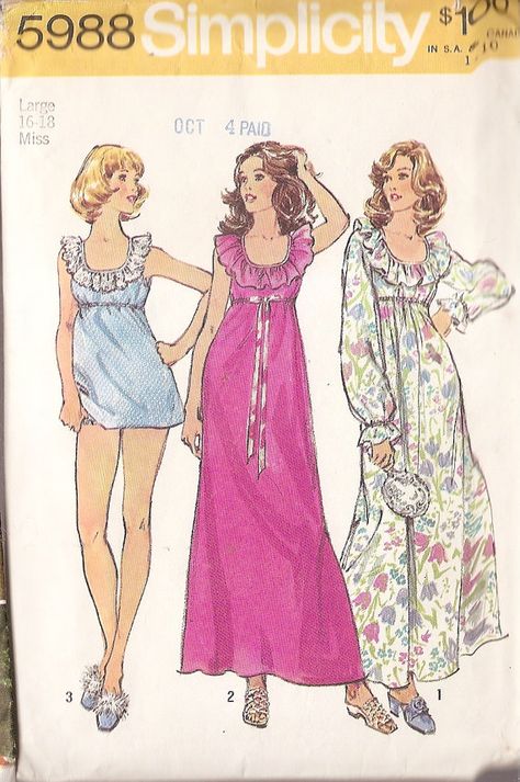 Simplicity 5988 misses NIGHTGOWN  two lengths  by nancesnostalgia, $4.65 Nightgown Pattern Free, Vintage Nightgown Pattern, Baby Doll Pajamas, Maternity Sewing, 70s Sewing Patterns, Nightgown Pattern, Kwik Sew Patterns, 1970s Sewing Patterns, Long Nightgown