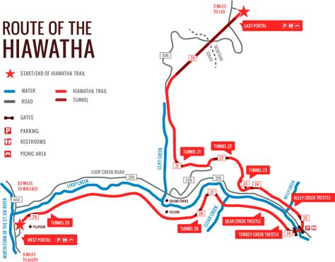 Route of the Hiawatha, bike trail near Idaho/Montana boarder Maple Pass Loop Trail, Montana Map, Freedom Trail Map, Hiawatha Trail, Root River Bike Trail, Bicycle Trail, Milwaukee Road, Rails To Trails Bike Rides U.s. States, Cycling Route