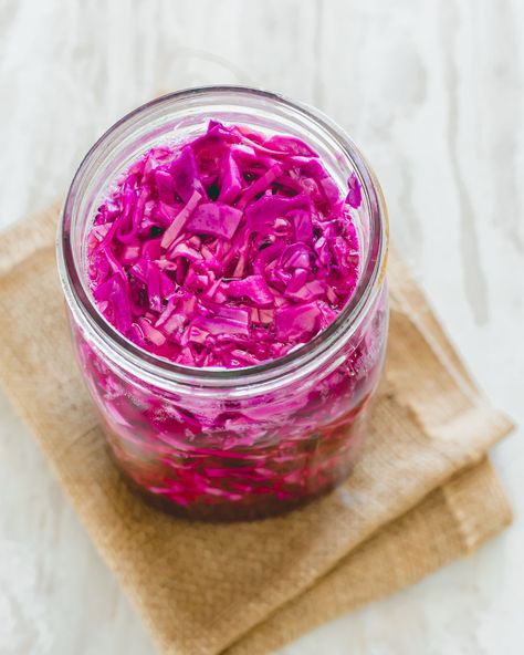 Red Cabbage Sauerkraut (Fermented Red Cabbage) Red Cabbage Sour Kraut, Fermented Red Cabbage, Red Cabbage Sauerkraut, Making Sauerkraut, Fermented Sauerkraut, Fermenting Weights, Jar Food, Fermented Vegetables, Wide Mouth Mason Jars