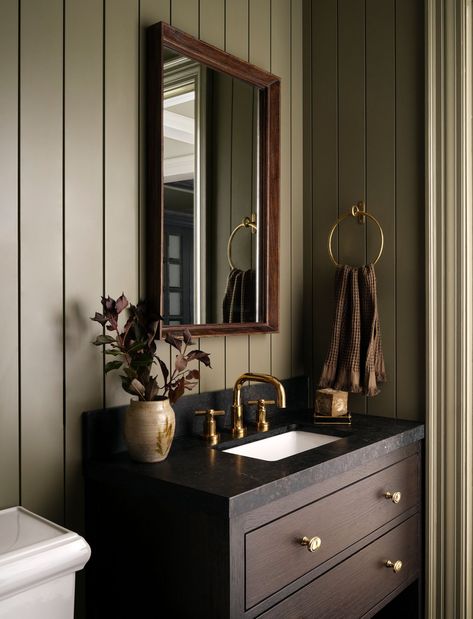 Masculine Master Bathrooms, Mountain Chic Interior Design, Moody Cottage Interior, Green Powder Room, Tiffany Leigh Design, Tiny Half Bath, Moody Bathroom, Powder Bathroom, Dream Cabin