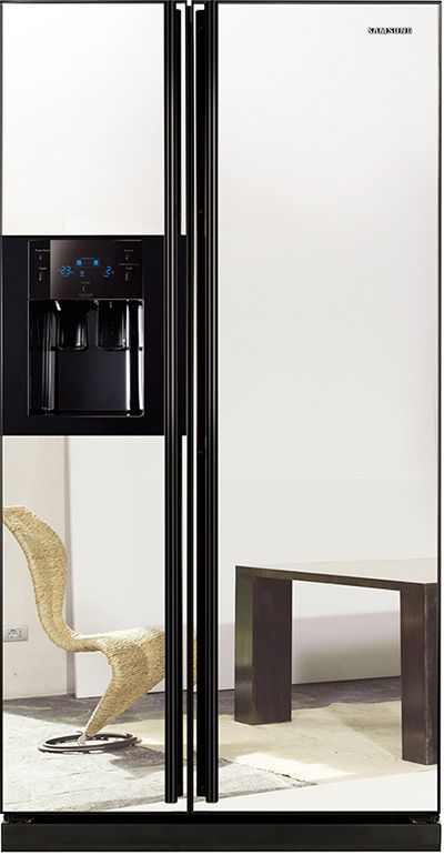 Samsung refrigerator with mirror doors - side by side fridge freezer Kicthen Design, Side By Side Fridge Freezer, Side By Side Fridge, Glass Door Fridge, Glass Fridge, Etched Glass Door, Mirror Doors, Refrigeration And Air Conditioning, American Fridge