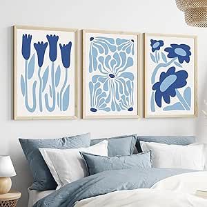 Blue Floral Bedroom, Matisse Abstract, Yellow Artwork, Gallery Painting, Apartment Wall Decor, Artwork Decor, Living Wall Decor, Blue Plants, Blue Wall Decor