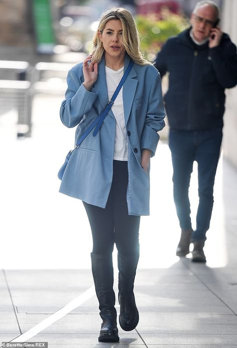 Dusty Blue Blazer Outfit, 5k Engagement Ring, King Outfits, Blue Blazer Outfit, Knee High Black Boots, High Black Boots, Mollie King, King Outfit, Radio Host