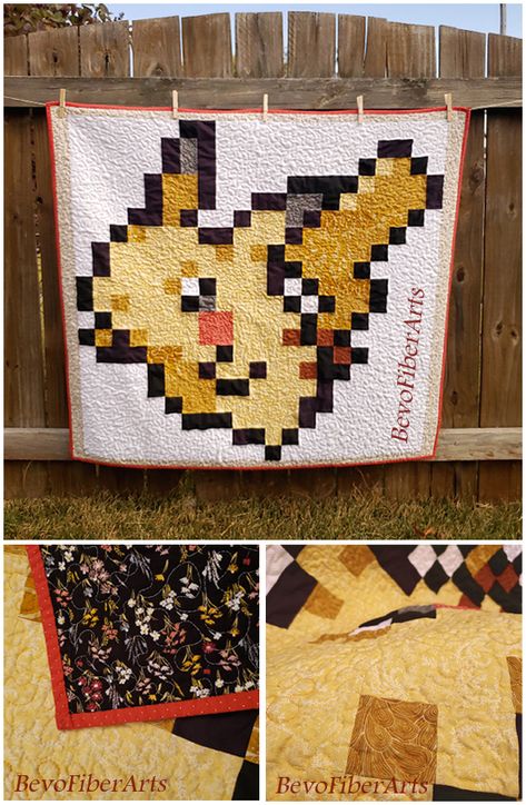 Who's that pokemon? IT'S PIKACHU! This handmade quilt would make a memorable baby shower gift or perfect wall hanging for the pokemon fan in your life! #pikachu #pokemon #babyquilts #cribquilts Pokemon Quilt, Pokemon Pattern, Crib Quilt, St Louis Missouri, Pokemon Fan, Handmade Quilts, Baby Quilt, Baby Quilts, Baby Shower Gift