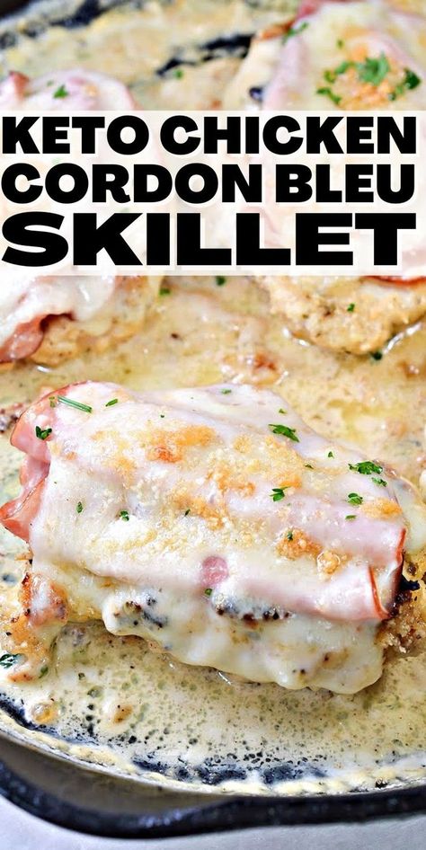 Keto Chicken Cordon Bleu Skillet - This keto chicken cordon bleu skillet is a complete family dinner. There are just 4 grams net carbs in each serving – leaving you plenty of carbs for sides. #keto #Ketorecipes #ketodiet #ketochickencordonbleu #chickencordonbleu #cordonbleu #chickenskillet #chickenrecipes #dinner #food #recipes Chicken Cordon Blue Healthy, Keto Dinner Chicken Recipes, Easy Keto Main Dish Recipes, Low Carb Blue Cheese Recipes, Chicken Cordon Bleu Low Carb, Savory Keto Dinners, Keto Cordon Bleu Chicken, Chicken Cordon Bleu Skillet, Gourmet Keto Dinner Recipes