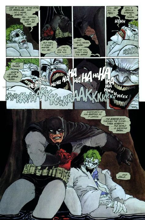 The Joker breaks his own neck as one last act of defiance in order to frame Batman - Batman: The Dark Knight Returns #DcComics #comics #Batman Dark Knight Returns Joker, Frank Miller Batman, Batman The Dark Knight Returns, Frank Miller Art, Joker Dark, The Dark Knight Returns, Joker Dark Knight, Batman Vs Joker, Dark Knight Returns