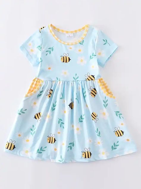 Toddler Kids Girls Casual Bee Floral Print Round Neck Dress With Pocket Kids Clothes Bee Dress, Clothes Girl, Twirl Dress, Round Neck Dresses, Vestido Casual, Clothing Size Chart, Womens Clothing Sizes, Pocket Dress