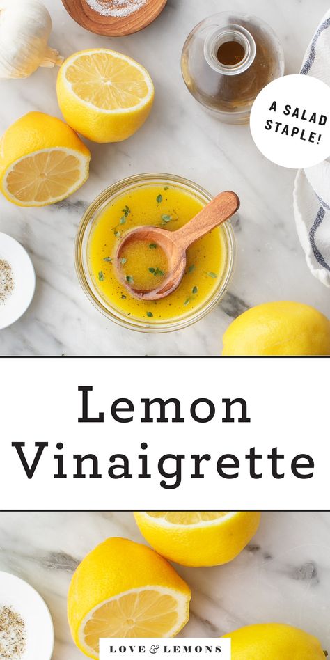 This vibrant lemon vinaigrette recipe is SO easy to make, and it tastes so much better than store bought dressing. Made with 6 simple ingredients, it's zippy and bright - perfect for tossing with salads, roasted veggies, and more! | Love and Lemons #dressing #sauce #vinaigrette #lemon Lemon Vinaigrette Recipe, Lemon Salad Dressings, Lemon Vinaigrette Dressing, Vinaigrette Dressing Recipe, Infused Waters, Lemon Salad, Vinaigrette Recipe, Salad Dressing Recipes Homemade, Lemon Vinaigrette