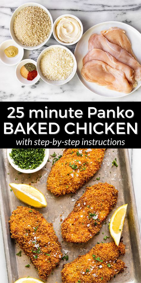 Ready in less than 30 minutes, this panko chicken recipe is the perfect quick and easy weeknight dinner! Instead of the traditional egg coating, we opt for a mayo and mustard mixture that not only adds extra flavor but also ensures that the chicken is juicy on the inside and crispy on the outside. Chicken Panko Recipes, Baked Panko Chicken, Panko Recipes, Ground Beef Dinner Ideas, Beef Dinner Ideas, Crispy Breaded Chicken, Panko Breaded Chicken, Baked Breaded Chicken, Chicken Delight