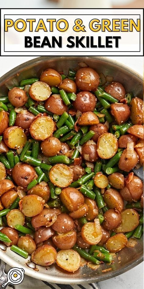 overhead photo of potatoes, green beans, and bacon cooked in a skillet with title text block at the top. Meals With Potatoes, Green Bean Skillet, Potato Green Bean, Potato And Green Bean, Spring Cooking, Skillet Green Beans, Potatoes Green Beans, Canned Potatoes, Green Beans With Bacon