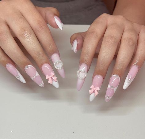 Spring Birthday Nails Almond, Coquette Aesthetic Nails, Uñas Coquette, Princess Era, Princess Nails, Gel Toe Nails, Asian Nails, Aesthetic Nails, Girly Acrylic Nails