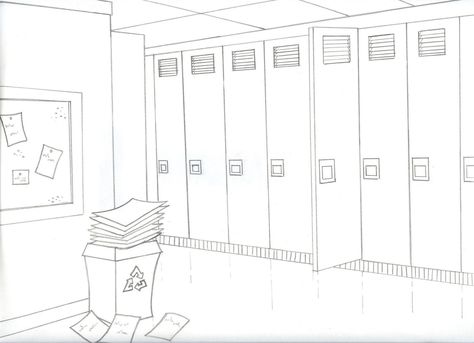 School Hallway Drawing, Locker Drawing, Draw A Character, Letter Drawing, Simple Interiors, How Draw, School Hallway, School Bathroom, Beach Wall Collage