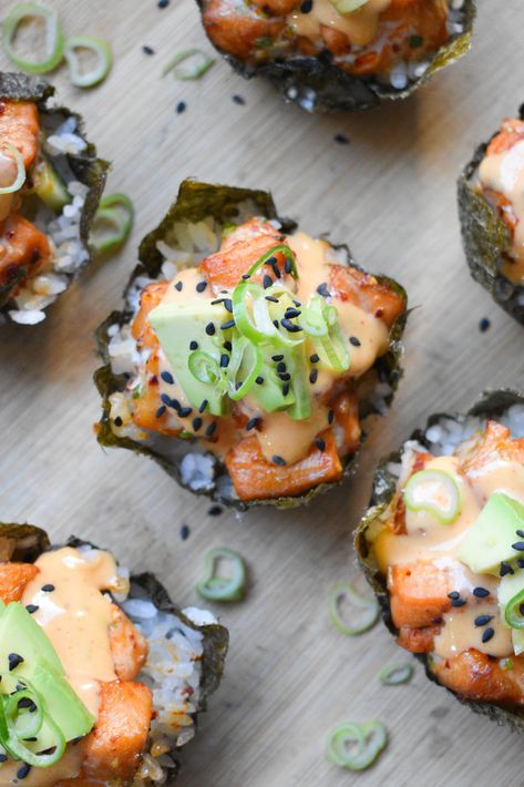 Baked Salmon Sushi Bites Smoked Salmon Snacks Healthy, Salmon Sushi Bowls Healthy, Spicy Salmon Sushi Muffins, Sushi Bake Cupcakes, Spicy Salmon Rice Muffins Hungry Happens, Sushi Bake With Salmon, Sushi Bites Appetizers, Salmon Bite Bowl, Sushi Bake Muffin Tin