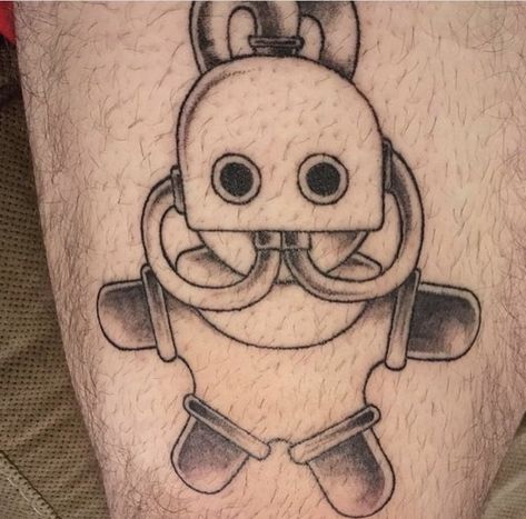 Mac Miller Diver Tattoo, Mac Miller Swimming Tattoo, Tattoo Swimming, Mac Miller Swimming, Gas Mask Tattoo, Mac Miller Tattoos, Diver Tattoo, Cartoon Tattoo Ideas, Swimming Tattoo