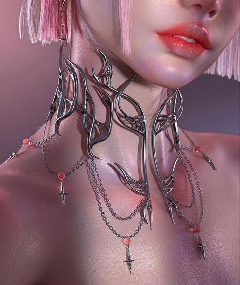 Chroma Outfit Ideas, Melted Metal Aesthetic, Chrome Outfits, Futuristic Necklace, Cyberpunk Accessories, 2000s Accessories, Futuristic Accessories, Futuristic Jewelry, Cybercore Aesthetic