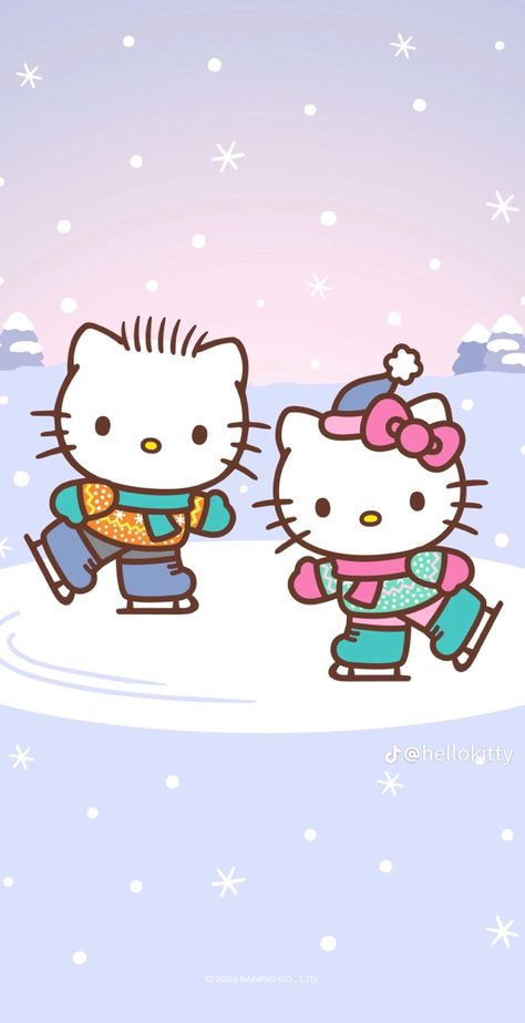 Hello Kitty With Dear Daniel, Winter Wallpaper Hello Kitty, Hello Kitty Ice Skating, Sanrio Cute Wallpaper, Hello Kitty Winter Wallpaper, Sanrio Winter Wallpaper, Winter Hello Kitty, Hello Kitty And Dear Daniel, Christmas Wallpaper Ipad