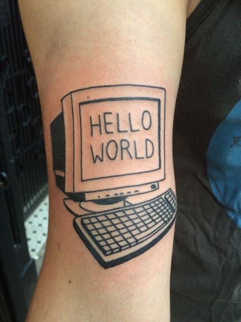 "Hello World" by Louis Brengard, Black Square Tattoo, Brooklyn NY Programming Tattoo Ideas, Black Square Tattoo, Pop Culture Tattoos, Square Tattoo, Tech Tattoo, Culture Tattoos, Tattoo Templates, World Tattoo, Small Hand Tattoos