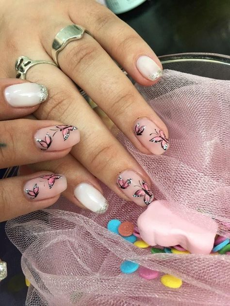 Small Butterfly Nail Art, Light Pink Nails With Butterflies, Sparkle Butterfly Nails, Butterfly Nail Designs Short, Short Nails With Butterflies, Spring Nails Butterflies, Short Nails Sparkle, Simple Butterfly Nail Art, Pink Nails With Butterfly