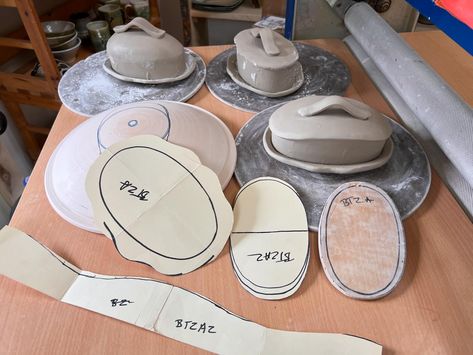 Evolution of the butter dish over the last two days. I wanted a more subtle dome and still keep the impressed local floral pattern on the rim. The tricky part was making the template for the rim to accommodate the new top. #handbuilding #handbuildingwithclay #ceramicspatterns #ceramicbutterdish Butter Dish Template, Ceramic Butter Dish, New Top, Butter Dish, Ceramic Pottery, Evolution, Floral Pattern, Butter, Ceramics