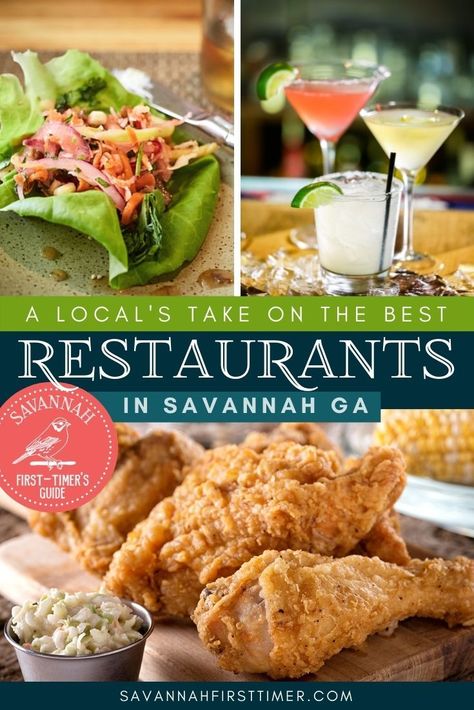 Pinnable graphic with three photos. The top left is a healthy salad, top right shows colorful cocktails, and the bottom photo shows a platter of fried chicken. Text overlay reads "A Local's Take on the Best Restaurants in Savannah" Savannah Ga Restaurants, Savannah Georgia Food, Savannah Georgia Restaurants, Savannah Georgia Travel, Southern Style Cooking, Savannah Restaurants, Georgia Food, Historic Savannah, Best Seafood Restaurant