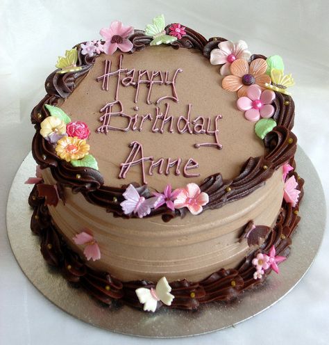 Flickr: www.lilycupcake.co.uk's Photostream Chocolate Birthday Cake With Flowers, Happy Birthday Anne, Chocolate Birthday Cake Decoration, Chocolate Birthday Cake, Chocolate Cake Designs, Cake Writing, Birthday Cake With Flowers, Chocolate Sheet Cake, Luxury Cake