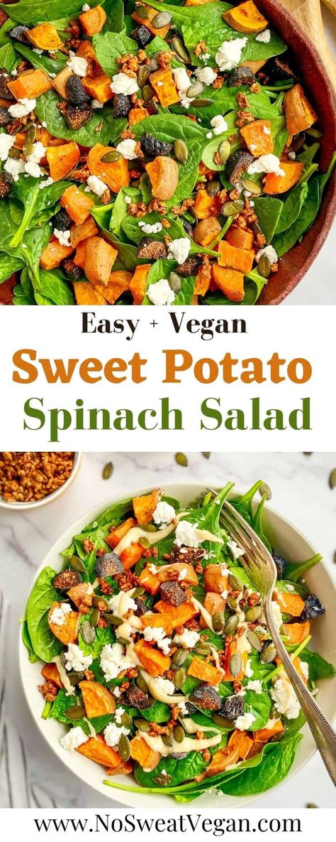 This Sweet Potato Spinach Salad is the perfect combination of fall harvest flavors. You get sweetness from the mission figs and sweet potatoes, saltiness from the vegan feta and bacon bits, crunchiness from the sunflower seeds, and acidity from the creamy apple cider dressing. Perfect for make-ahead lunches, potlucks, or a light dinner. Creamy Apple Cider, Spinach Feta Salad, Apple Cider Dressing, Cider Dressing, Sweet Potato Salad Recipe, Vegan Bacon Bits, Potato Spinach, Spinach Alfredo, Vegan Feta