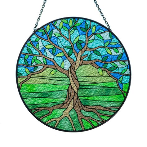 Round Stained Glass Windows, Stained Glass Tree Of Life, Tree Of Life Stained Glass, Hanging Suncatchers, Stained Glass Tree, Art Deco Stained Glass, Glass Creations, Stained Glass Window Hanging, Glass Designs