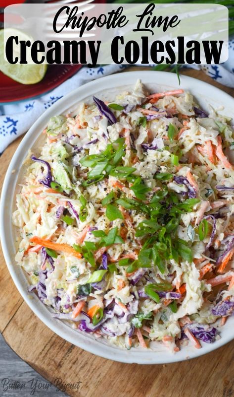 Chipotle lime coleslaw will be your new favorite go to recipe. The creamy dressing has just the right amount of heat and smokiness form the chipotle. #coleslaw #summerfood #chipotle Chipotle Coleslaw, Lime Coleslaw Recipe, Recipe Coleslaw, Lime Coleslaw, Crispy Vegetables, Macaroni Salads, Holiday Apps, Lime Slaw, Chipotle Dressing