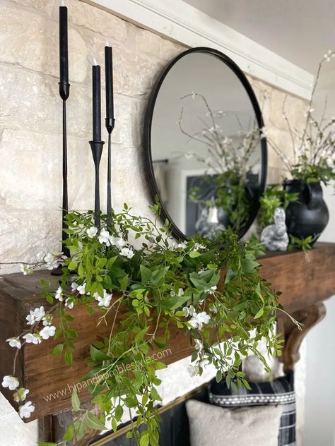 Spring Fireplace, Spring Fireplace Decor, Spring Mantel Decorating Ideas, Spring Mantle Decor, Black Candlesticks, Spring Mantle, Spring Mantel, Room Arrangement, Mantle Ideas