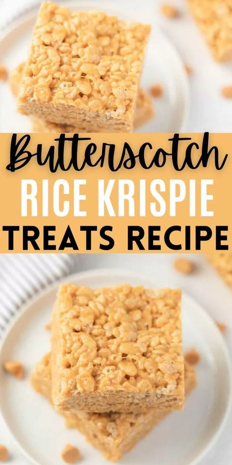 Butterscotch Rice Krispie Treats - only 4 ingredients Butterscotch Rice Krispie Treats, Butterscotch Rice Krispies, Easy Rice Krispie Treats, Gf Bars, Homemade Rice Krispies, Butterscotch Recipes, Rice Krispies Recipe, Rice Krispie Treats Recipe, Homemade Rice Krispies Treats