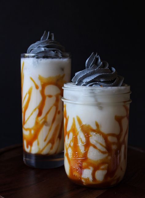 Toasted Rice Horchata w/ Salted Caramel Drizzle & Coconut Charcoal Whipped Cream (vegan & gf) – NO EGGS OR HAM Toasted Rice, Coconut Charcoal, Condensed Coconut Milk, Caramel Drizzle, Spooky Food, Making Whipped Cream, Dry Rice, Vegetarian Foods, Creamy Rice