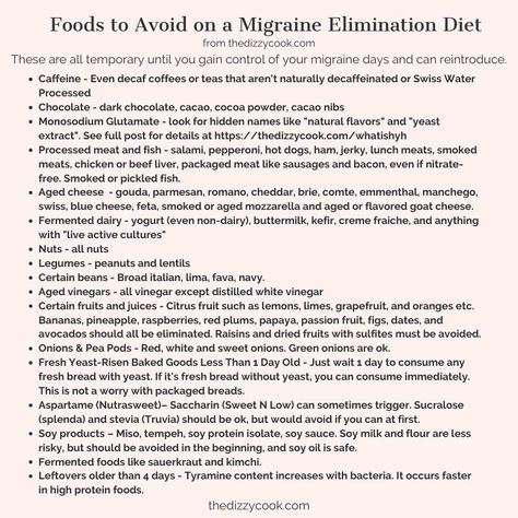 A list of all the items to temporarily avoid on the Heal Your Headache migraine diet until you feel good enough to reintroduce and test triggers. #migraine #migrainemanagement #migrainediet #migraineremedies Migraine Food, Headache Diet, Foods For Migraines, Vestibular Migraines, Dizzy Cook, Migraine Help, Migraine Diet, Migraine Triggers, Throbbing Headache