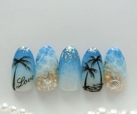 Coconut Nail Art, Beach Nail Art Designs, Sea Nail Art, Beach Themed Nails, Tropical Vacation Nails, Cruise Nails, Beach Nail Art, Palm Tree Nails, Beach Nail Designs