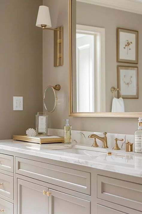 Bathrooms With Gold Accents, Gold Bathroom Mirror Ideas, Timeless Half Bathroom, Cream Bathroom Cabinets, Small Bathroom Mirror Ideas, Cream Bathroom Ideas, Double Vanity Mirror Ideas, Luxury Bathroom Mirror, Bathroom With Gold Accents