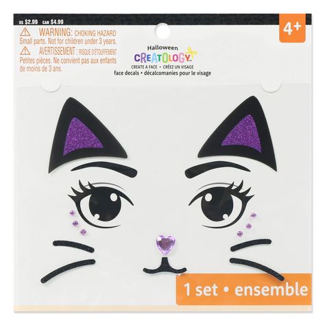 "Find the Halloween Black Cat Face Decals by Creatology™ at Michaels. With a pink rhinestone nose and ears that are glittery purple on the inside, these decals are great for play and school festivities and can also be used as the perfect finishing touch for a full costume before enjoying a night of trick-or-treating. Help your little one transform into a darling black cat for Halloween with these spooky face decals from Creatology. With a pink rhinestone nose and ears that are glittery purple on the inside, these decals are great for play and school festivities and can also be used as the perfect finishing touch for a full costume before enjoying a night of trick-or-treating. Details: Black, pink and purple with rhinestone and glitter accents 5.9\" x 4.5\" (15cm x 11.5cm) sheet size Instru Black Cat Face Paint, Cat For Halloween, Black Cat Face, Kids Face Paint, Halloween Black Cat, Halloween Costume Accessories, Trick Or Treating, Halloween Black, Black Cat Halloween