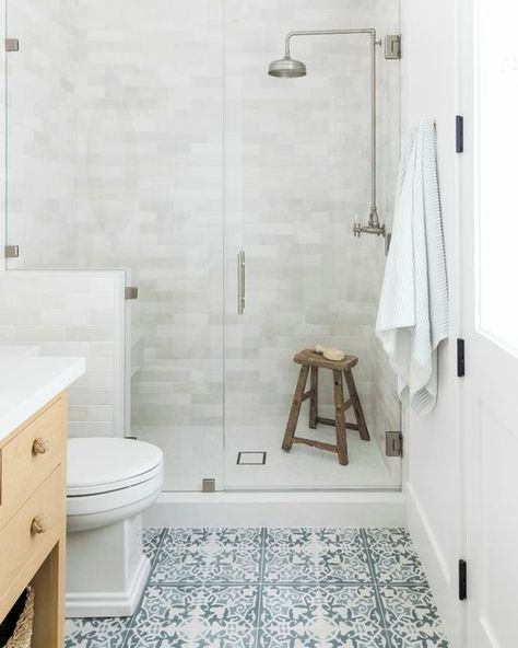 Exposed Shower Plumbing, Mindy Gayer Design, Cement Tile Floor, Blue Mosaic Tile, Shower Plumbing, White Tile Backsplash, Pool Bathroom, Pool Bath, Cottage Bathroom