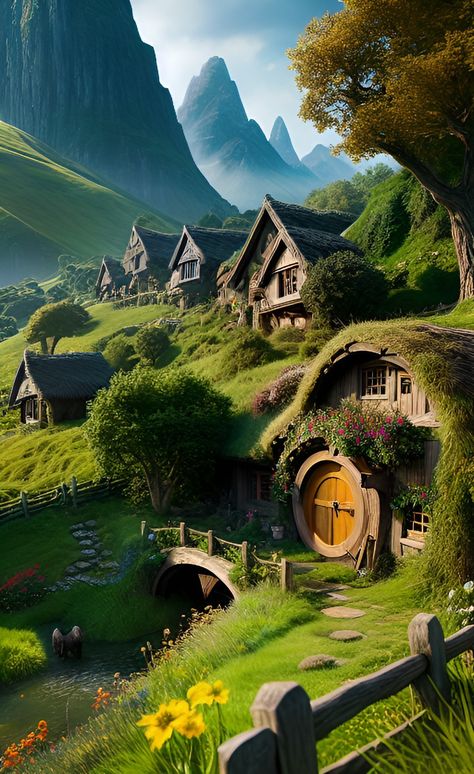 Fantasy Cottage, Fantasy Town, Lotr Art, Hobbit House, Fantasy House, Fantasy City, Fantasy Places, Fantasy Art Landscapes, Beautiful Scenery Nature