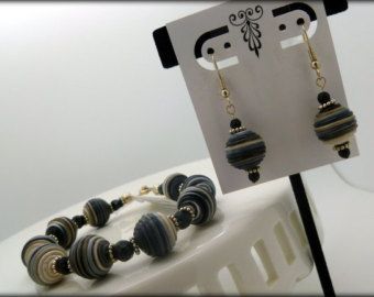 Polymer Clay Bead Bracelet, Grey Bracelet, Clay Bead Bracelet, Bracelet And Earring Set, Gray Bracelet, Striped Earrings, Polymer Beads, Twisted Bracelet, Pave Beads