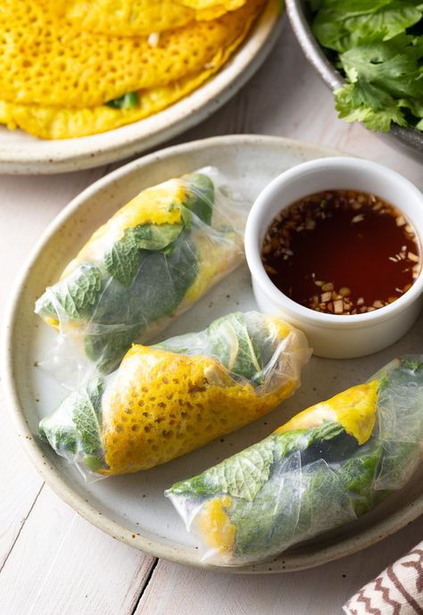 Easy Bánh Xèo Recipe (Vietnamese Crepes) #ASpicyPerspective #vietnamese #crepes #banh #xeo #howto #asian Rice Flour Crepes, Vietnamese Crepes, Vietnamese Pancakes, Rice Paper Wraps, Crepes Filling, Banh Xeo, A Spicy Perspective, Rice Paper Rolls, Crispy Rice