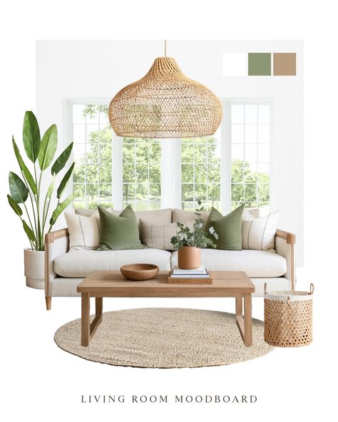 ☀ Ready to see how summer transforms your living space? Discover our latest living room mood board, where coastal blues, sandy neutrals, and vibrant greens come together to create an inviting summer sanctuary. Soft linens and rattan accents add a touch of natural elegance, perfect for a season of relaxation and style. - #Rowabi #RattanPendantLights #RattanLights #RowabiLights #ModernLighting #LuxuryLighting #SummerDecor #LivingRoomInspo #RattanDecor #Homedecor #ltk #NaturalLighting #pendan... Gold And Sage Living Room, Coastal Interiors Design Living Room, Neutral And Green Living Room, Contemporary Coastal House, Living Mood Board, Blue Green Living Room, Neutral Coastal Living Room, Sage Living Room, Bohemian Style Interior Design