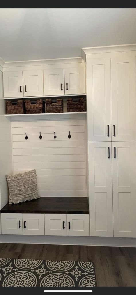 Mudroom In Kitchen Ideas, Drop Zone Cubby, Drop Area Ideas, Laundry Room Hall Tree, Mud Room Ideas Entryway Storage Cabinets, Small Laundry Room Locker Ideas, Hallway Cabinets Built In Makeover, Hall Tree Closet, Hall Mudroom Narrow