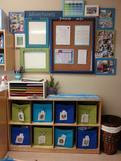 Parent corner, toddler classroom. Preschool classroom, cubby shelf, fabric bins, photo tags, name tags, parent communication binder, daily sheets, parent board, parent communication, what we did today, parent notes, classroom photos, daily photos, about the teachers, lunch menu, snack menu, lesson plans, classroom newsletter, classroom daily schedule. Classroom Cubby Ideas, Home Daycare Rooms, Preschool Cubbies, Classroom Daily Schedule, Classroom Cubbies, Organize Classroom, Daycare Room Ideas, Cubby Ideas, Classroom Preschool