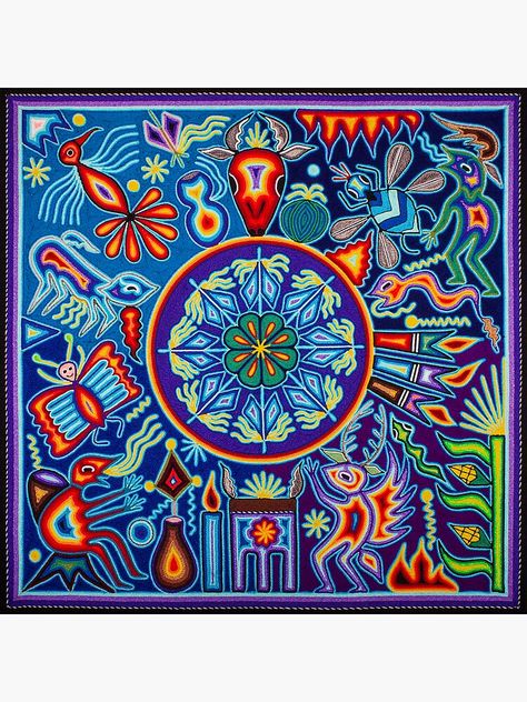 "Mexican wixarika huicho ceremony" Stickerundefined by aramara-huichol | Redbubble Huachuma Art, Mexico Grand Prix, Mexican Folk Art Decor, Mexican Art Painting, Mexican Colors, Peruvian Art, Huichol Art, Vibes Art, Helmet Design