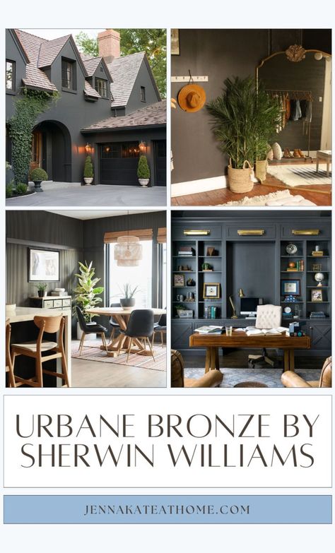 Transform the outside of the home with a touch of elegance using Sherwin Williams Urbane Bronze paint. This deep, stunning shade is perfect for door colors and adds a sophisticated flair to any exterior. Explore coordinating colors to pair with Urbane Bronze by Sherwin Williams for a beautifully unified look that stands out in your neighborhood. Urbane Bronze Color Palette, Bold Fireplace, Sherwin Williams Urbane Bronze, Urbane Bronze Sherwin Williams, Bronze Color Palette, Bronze Bedroom, Urbane Bronze, Warm Grey Paint Colors, Best Gray Paint