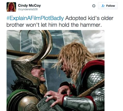 21 Of The Funniest Tweets From The "Explain A Film Plot Badly" Hashtag Movie Plots Explained Badly, Explain A Film Plot Badly, Movie Plot, Be With You Movie, Thor And Loki, Funny Marvel Memes, Funny Marvel, Dc Memes, Avengers Memes