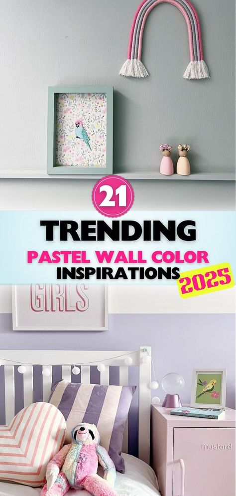 Step into 2025 with these pastel wall color ideas, perfect for creating a serene and stylish home environment. Soft hues with timeless appeal. Paint Colors For Girls Bedroom, Girls Room Color Ideas, Girls Bedroom Color Ideas, Girl Room Color Ideas, Teen Girl Bedroom Paint Colors, Kids Bedroom Wall Painting Ideas, Pastel Rainbow Bedroom, Girls Bedroom Wall Color, Girls Room Paint Ideas