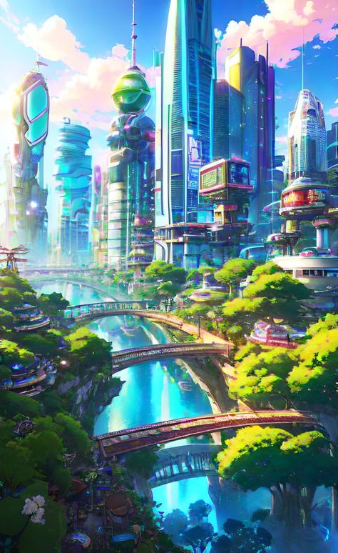 City Daytime, World Background, Concept Vehicles Sci Fi, Anime House, Sci Fi City, Tech World, Space Fantasy, Punk Art, Cityscape Art