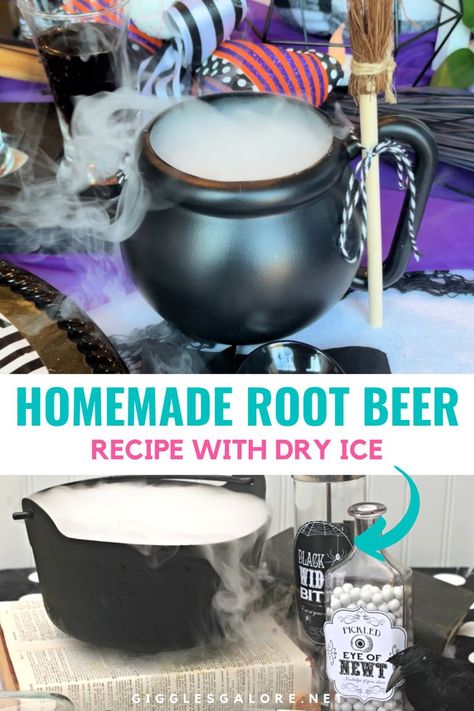 Root Beer Cauldron. With Text Reading: Halloween Witches Brew Homemade Root Beer. Root Beer Dry Ice, Dry Ice Recipes, Dry Ice Root Beer Recipe, Root Beer Homemade, Dry Ice Root Beer, Fun Things To Do With Dry Ice, Home Made Root Beer Recipe, Homemade Root Beer With Dry Ice, Homemade Rootbeer Dry Ice