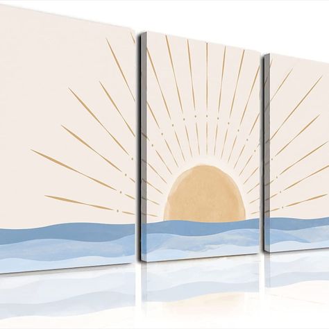 Enhance your living space with the Boho Wall Art Set of 3. These stunning framed canvas prints feature a neutral geometric sun rising on the sea, bringing a minimalist and mid-century modern touch to any room. Perfect for adorning your bathroom, bedroom, living room, or office, these art pieces create a serene and stylish atmosphere. Elevate your decor and immerse yourself in the beauty of the Boho Wall Art Set, adding a touch of elegance to your space. Boho Wall Art Set, Sun Wall Art, Rest Room, Artwork Decor, Sun Rising, Boho Sun, Modern Wall Decor Art, Minimalist Artwork, Minimalist Wall Decor