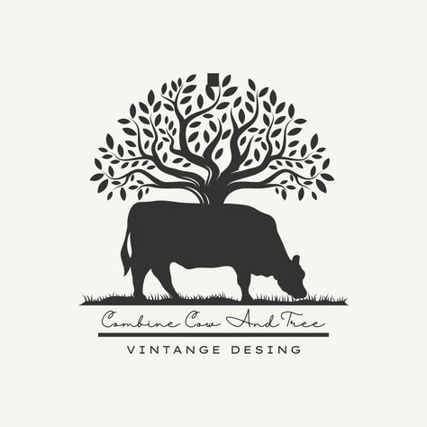 Black Retro Cow And Tree Combine Livestock Farm Logo Cattle Farm Logo Design Ideas, Cow Logo Design Ideas, Farm Logo Ideas, Bull Drawing, Farm Logo Design, Cow Logo, Cattle Feed, Science Icons, Livestock Farming